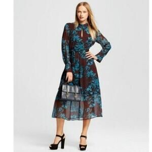 WHO WHAT WEAR PRINTED FLORAL MIDI DRESS IN BROWN/TEAL, SZ SMALL